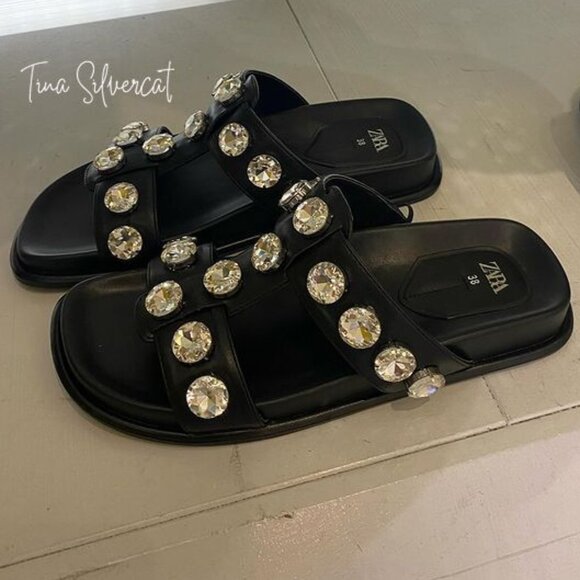 BLOGGER'S FAVE! Zara Faux Leather Gem Sandals Black NWT - Picture 13 of 13